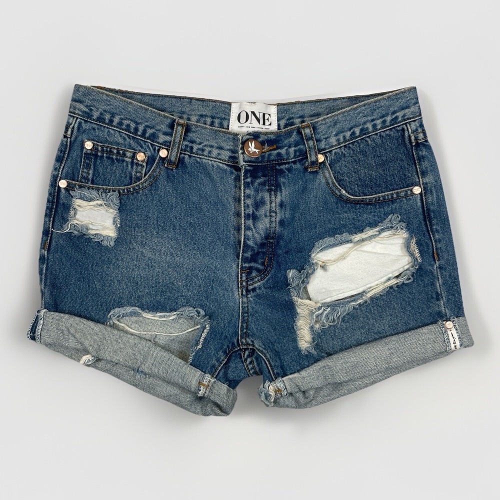 One Teaspoon Chargers Distressed Denim Shorts Blue Size 26 Button Fly Relaxed